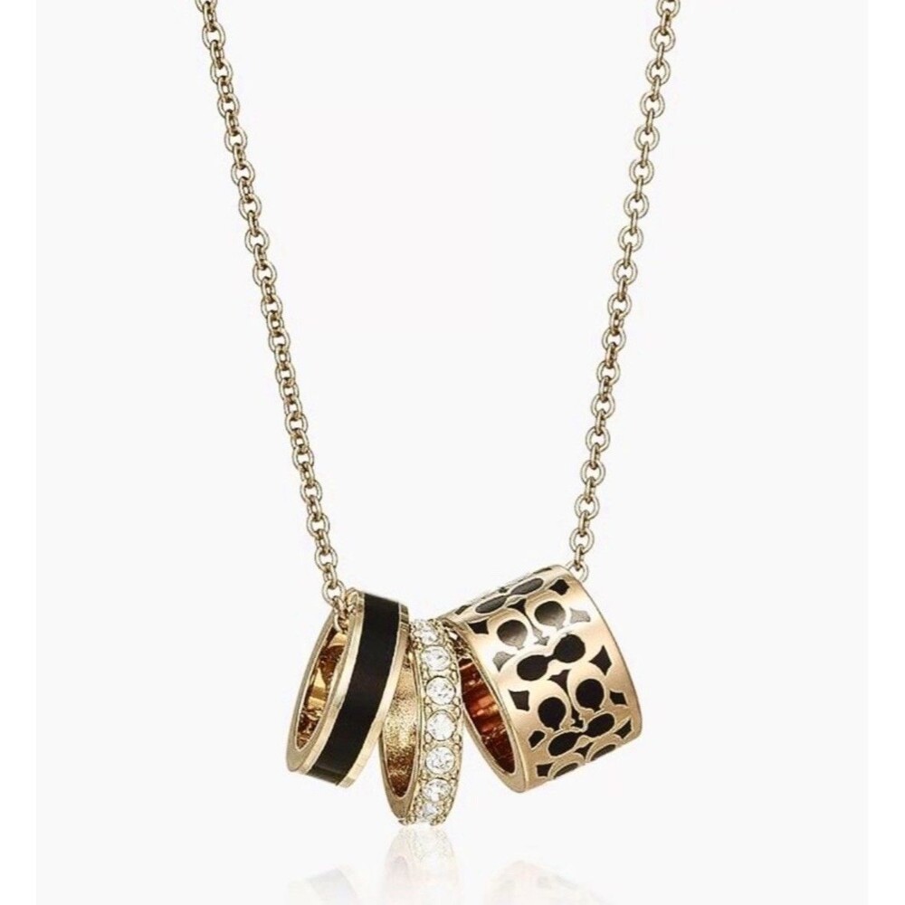 Coach Signature Rondell 3-Ring Enamel Necklace Black/Gold With Rhinestones